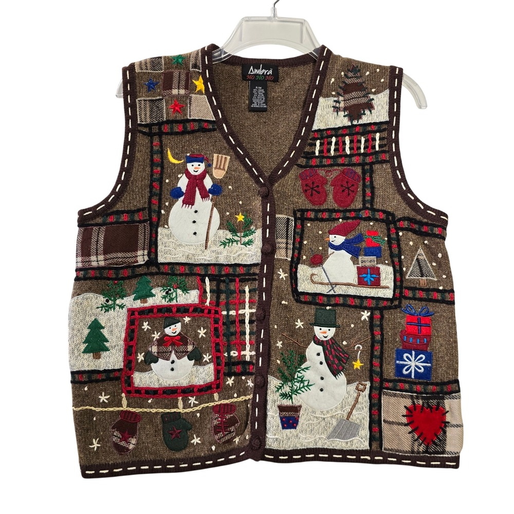 Ambra Vintage Womens Christmas Sweater Vest Brown Snowman P/M Beaded Applique